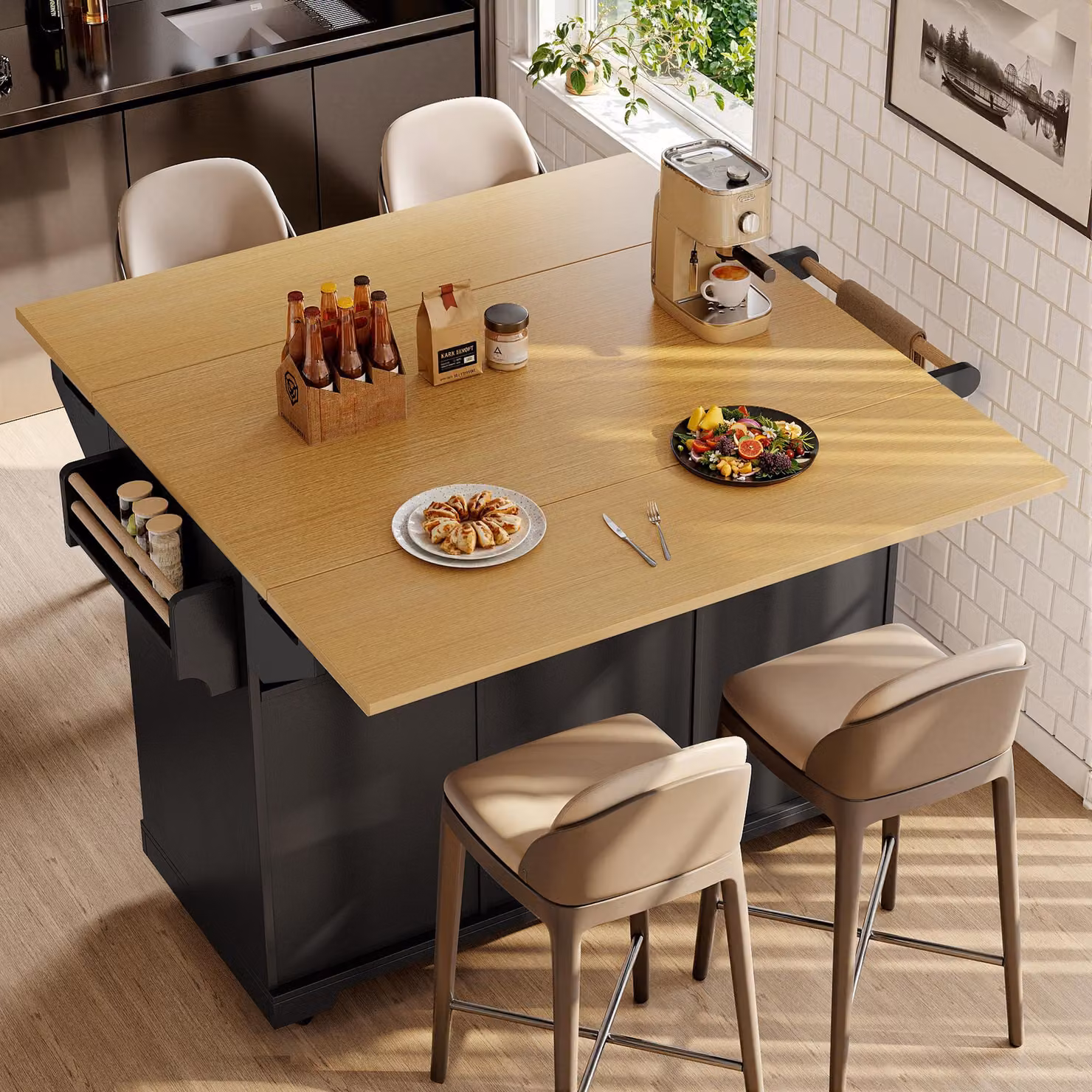 Aosom UK Extendable Kitchen Island Trolley Cabinet with 3 Drawers and Adjustable Shelves, Black, W: 40-80 cm, D: 120 cm, H: 95 cm – 7