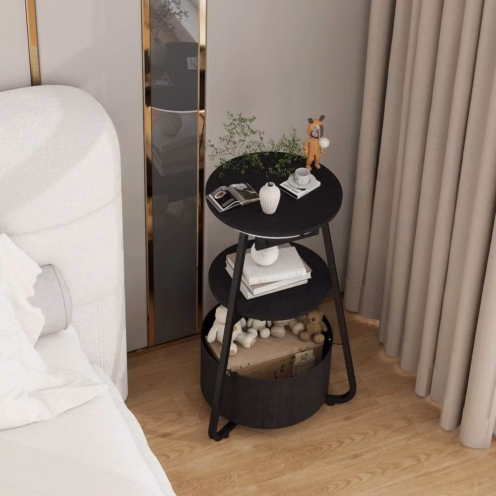 VOGREX Modern Round LED Light Storage Side Table with Charging Station in Black – 4