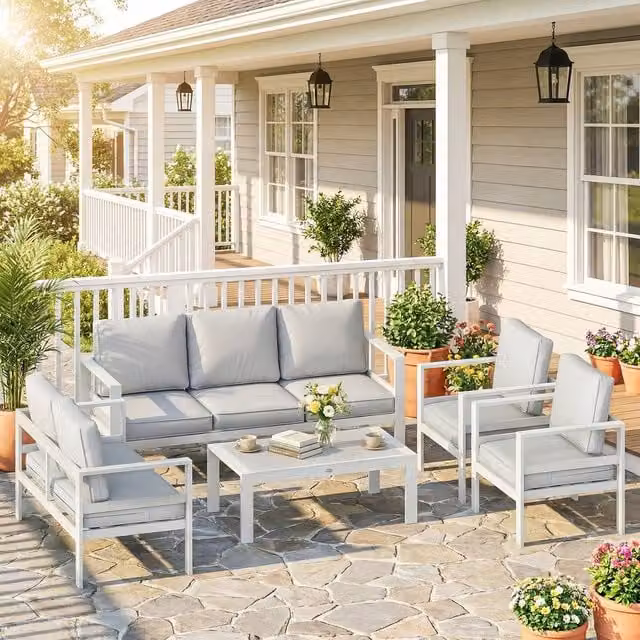 OUTSUNNY Modern 3-Seater Outdoor Garden Sofa Set with White Olefin Cushions and Powder Coated Aluminium Frame – 1