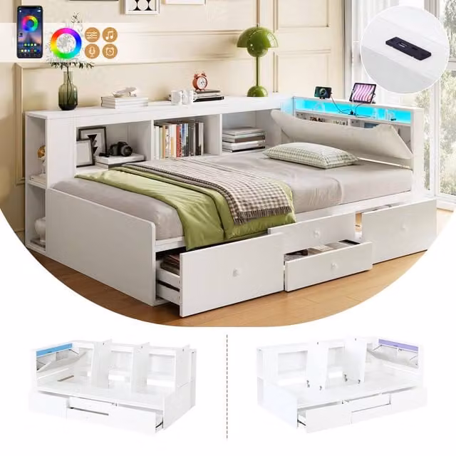 ModernLuxe L-shaped upholstered daybed in White with drawers, LED storage headboard, USB charging port and bedside shelf, W/D/H: 220 x 90 x 115 cm