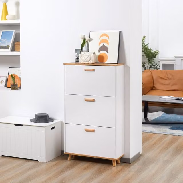 HOMCOM Slim White Shoe Storage Cabinet with 3 Tilting Compartments and Adjustable Shelves for Hallway, W/D/H: 23.5 x 26.0 x 70.0 cm