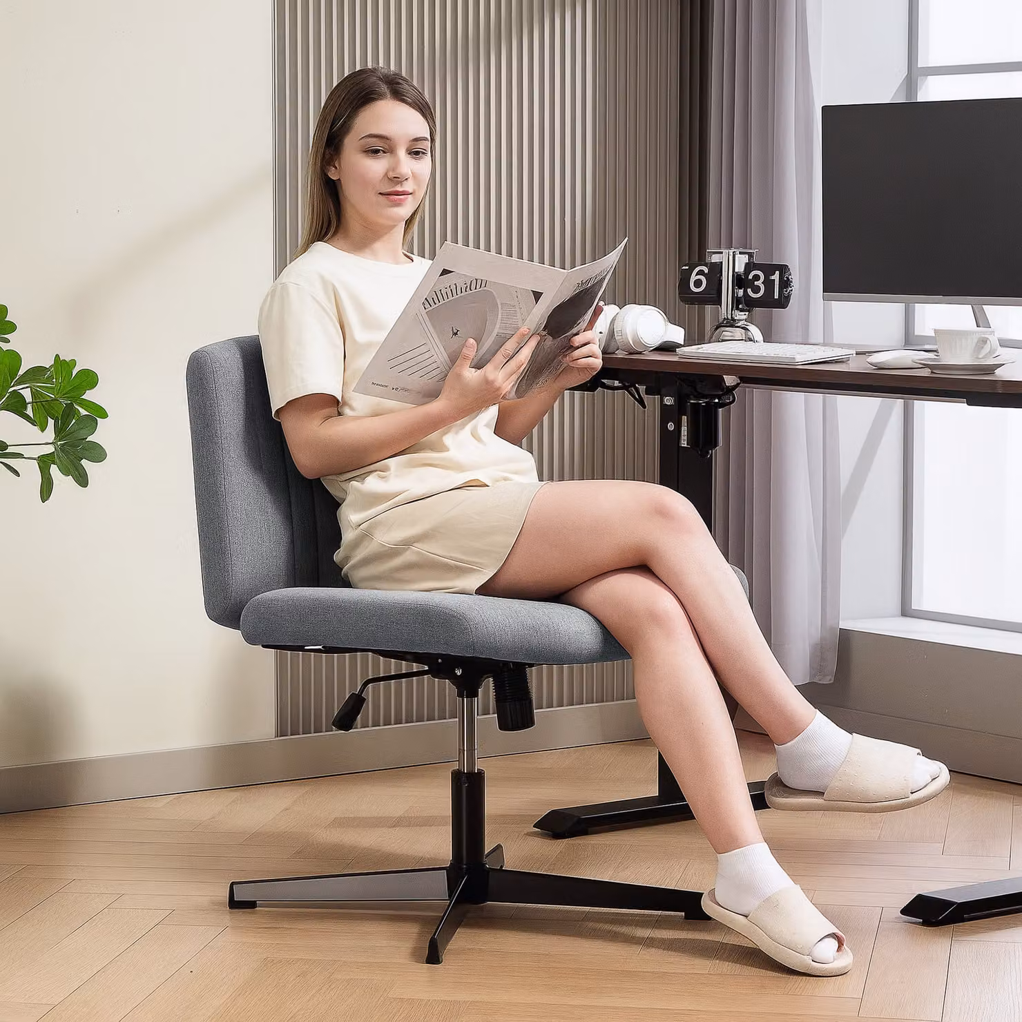 HOMCOM Armless Grey Linen Fabric Office Chair with Wide Seat, Height Adjustable Swivel Task Chair – 2