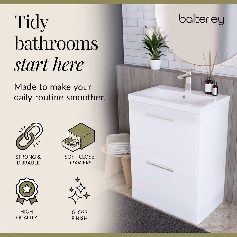 Balterley Modern Gloss White 2 Drawer Floor Standing Bathroom Vanity Unit with Rectangular Mid-Edge Basin, W: 61 cm, D: 39 cm, H: 84 cm – 3