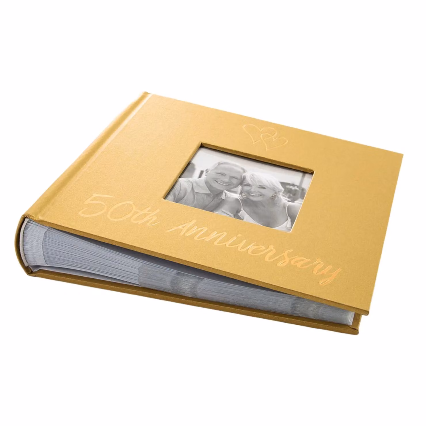 Happy Homewares Golden 50th Wedding Anniversary Photo Album with Double Heart Decoration in Gold and Red, W/D/H: 17.78 x 16.51 x 2.54 cm – 2