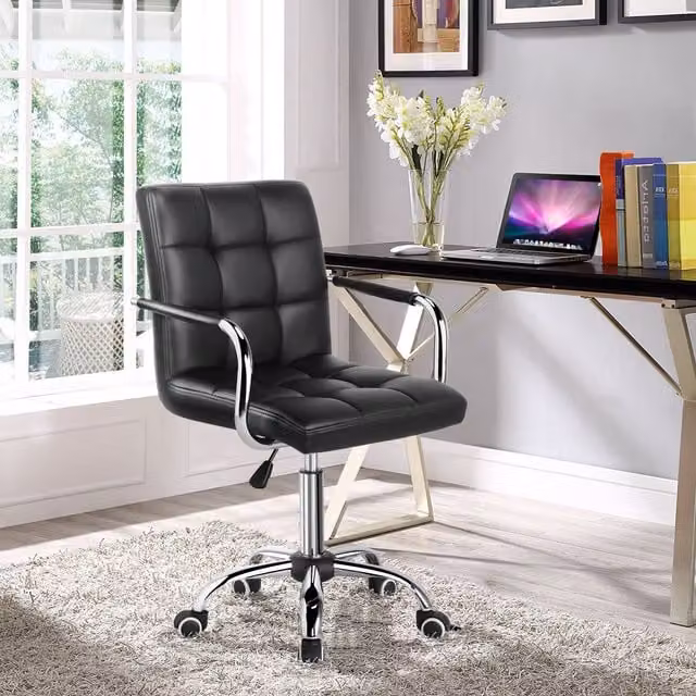 Yaheetech Modern Height Adjustable Swivel Task Office Chair with Armrests in Black Synthetic Leather