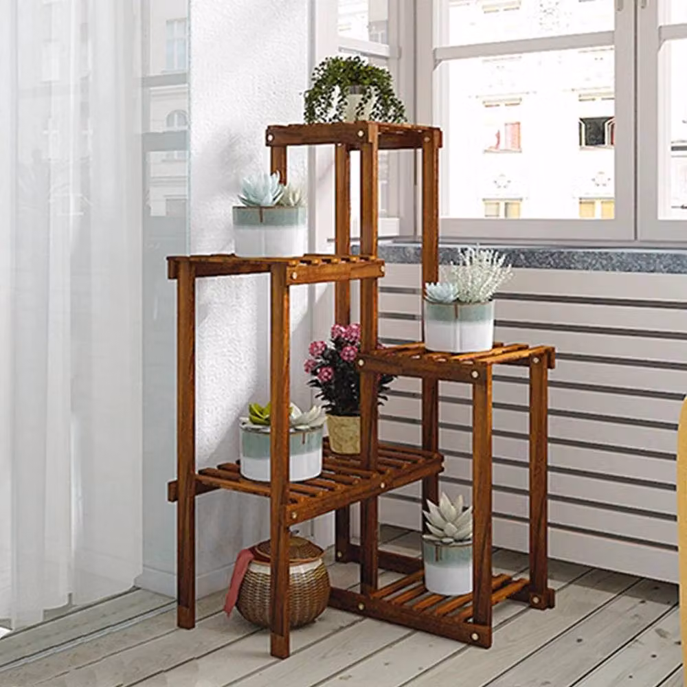 NESTLUNE Brown Pine Wood Plant Stand and Flower Pot Rack, H 100 x W 60 x D 15 cm – 4