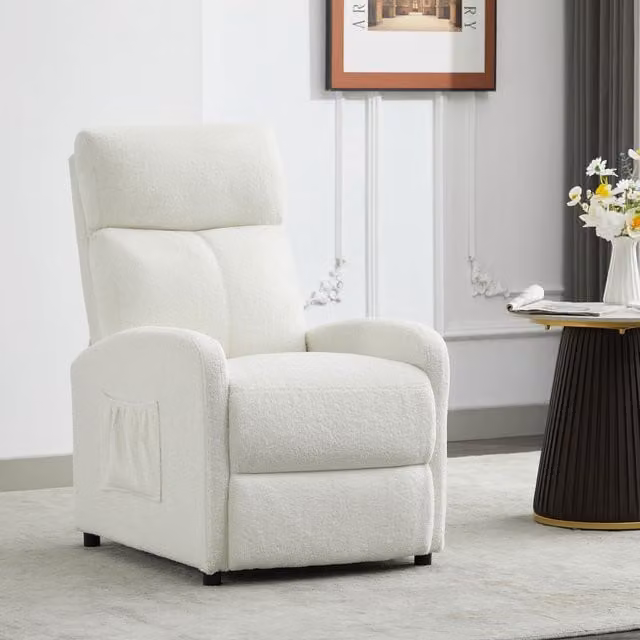 MCC Direct CozyLiving Teddy Fur Fabric Push Back Reclining Armchair in Beige and Cream