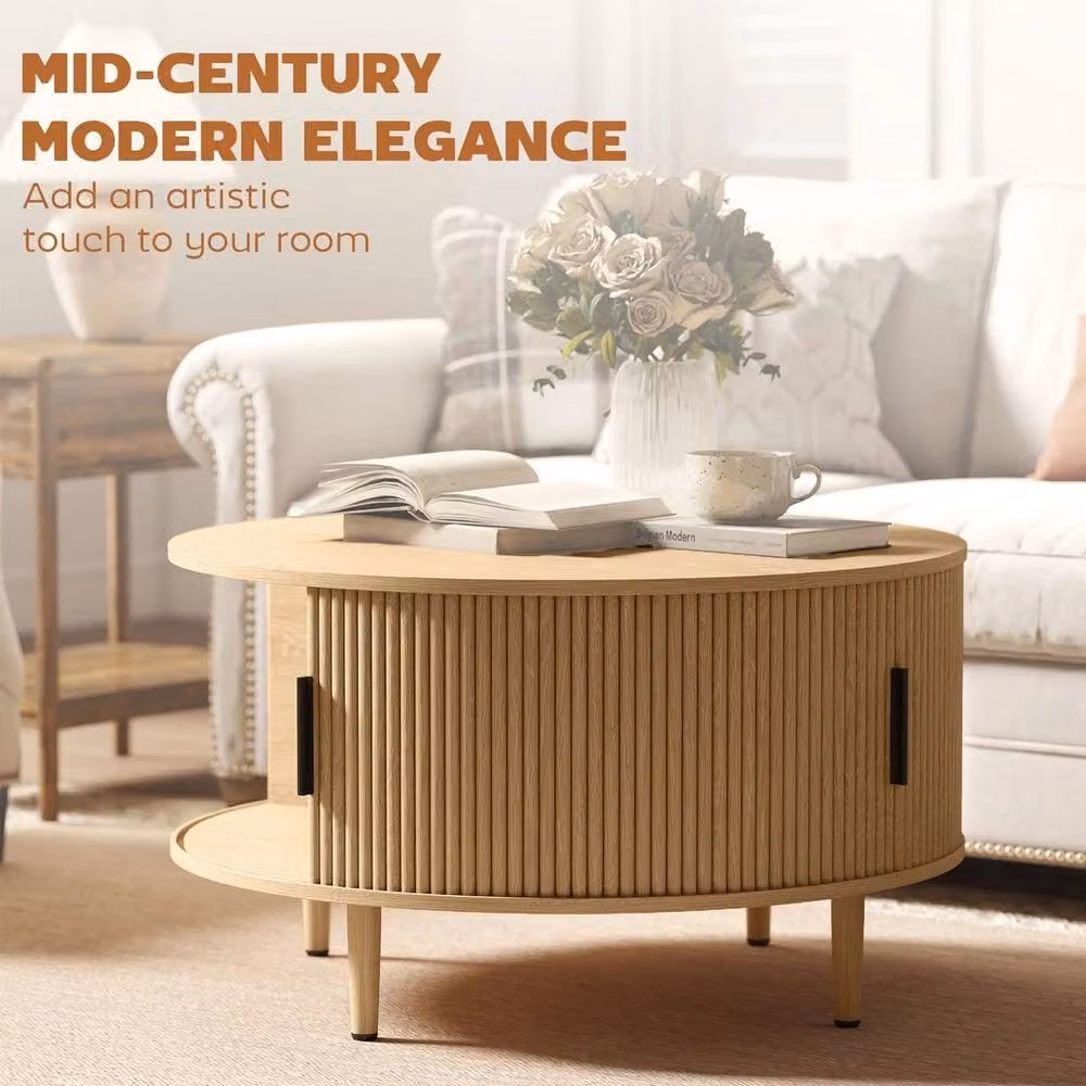 NESTLUNE Mid-Century Coffee Table with Lift Top and Sliding Door in Natural Beige – 2