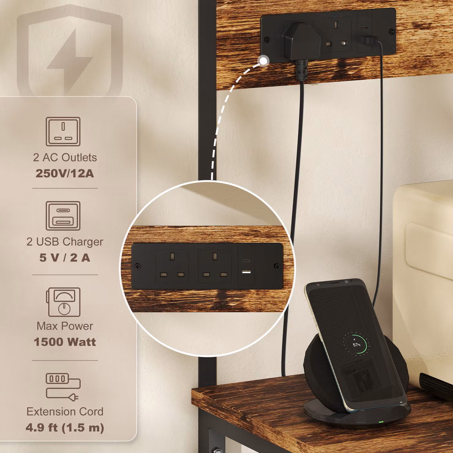 HOMCOM Bakers Rack with Power Outlet and USB Charger, Rustic Brown Kitchen Storage Unit with Adjustable Shelves and 5 Hooks – 4