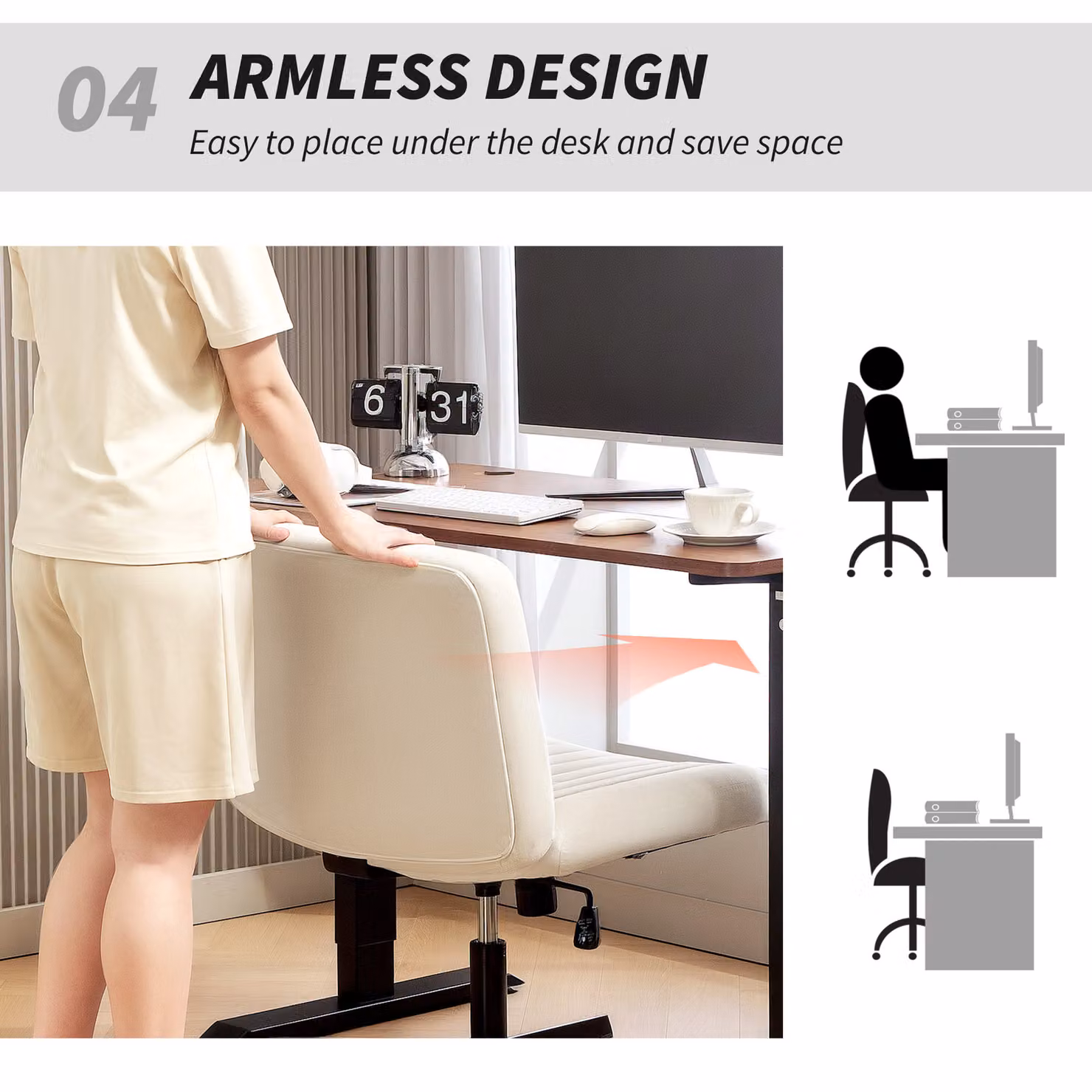 HOMCOM Armless Linen Fabric Task Chair in Beige with Swivel and Height Adjustment – 3
