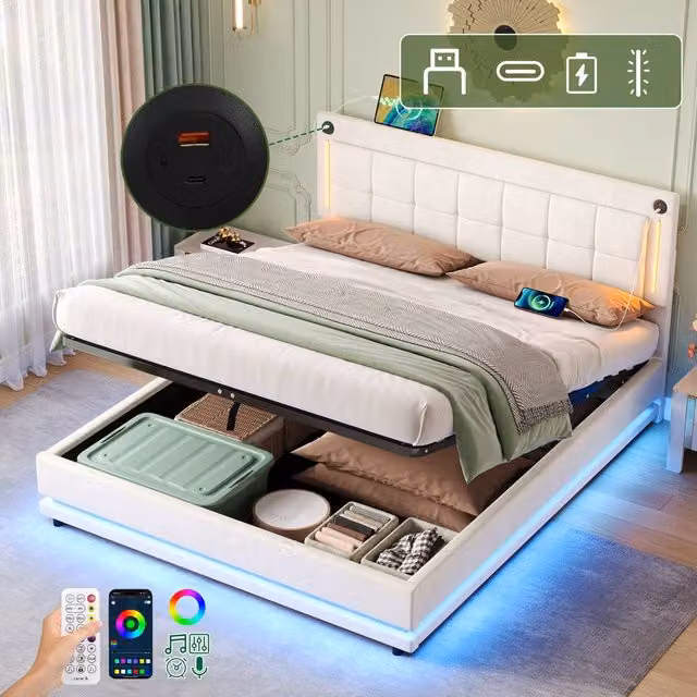 Rolipo King Size Velvet Hydraulic Storage Bed with LED Lighting and USB Ports in Beige, W/D/H: 180 x 200 cm – 1