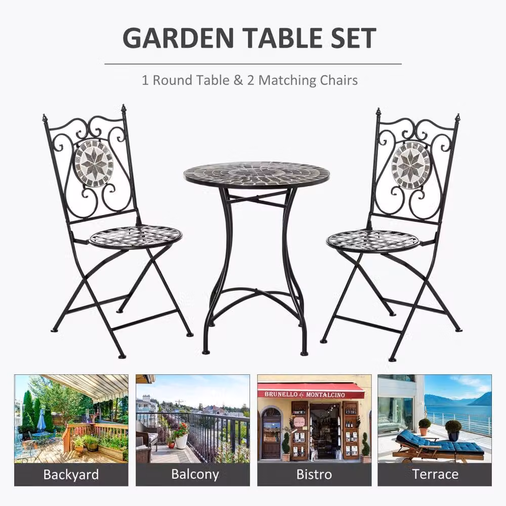 Wyld Haus Lilera 3 Piece Grey Mosaic Tile Bistro Set with Folding Metal Chairs – 4