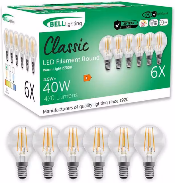 BELL Lighting E14 LED Filament Drop Bulb, Warm White, 470lm, 4.5W, Pack of 6 – 1
