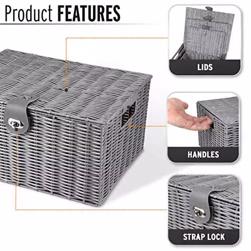 Arpan Set of 3 Resin Woven Storage Basket Boxes with Lid and Lock in Grey – 3