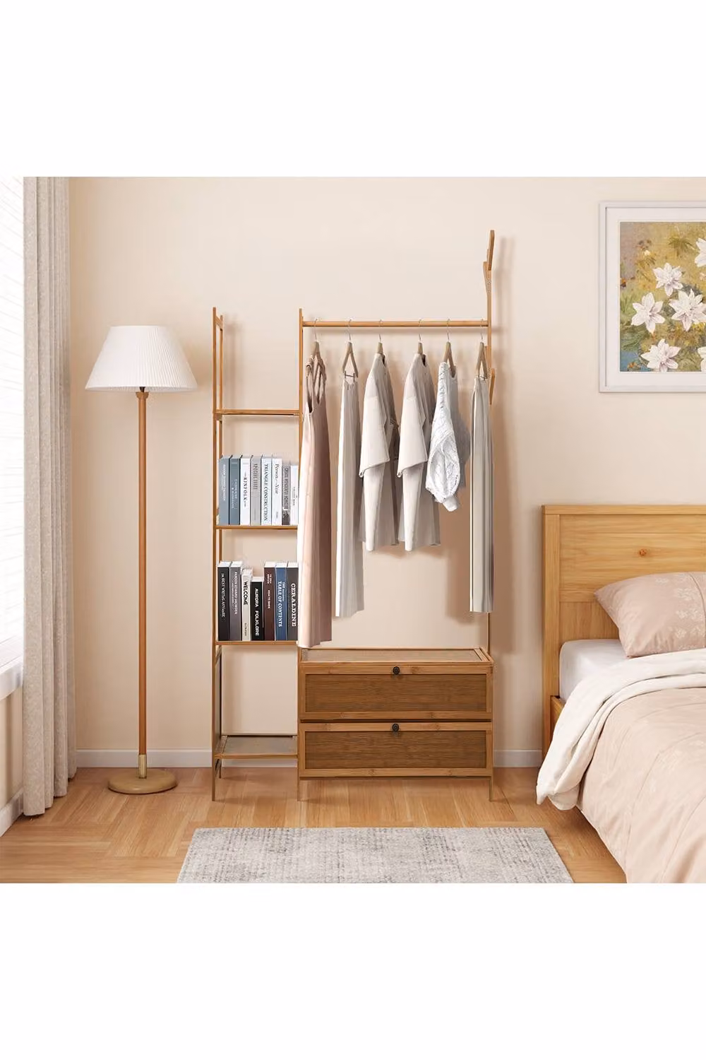 Living and Home Bamboo Freestanding Clothes Rack with Storage Shelves and Dual Hook Rail in Turquoise and Brown