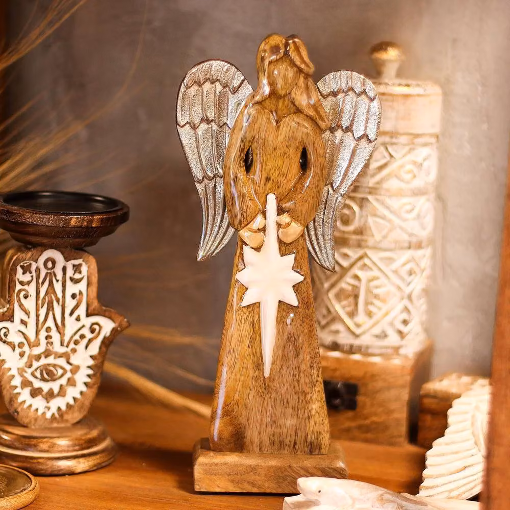 Serenityy Buddha-Buddha Handcrafted Mango Wood Peace Angel Figurine with Metal Wings in Brown, Silver and White, H x W x D: 30 x 14 x 5 cm – 2