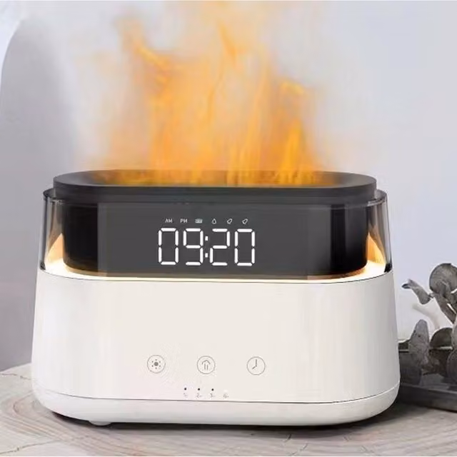 KDMD Modern Flame Effect LED Clock and Ultrasonic USB Aroma Atomiser Diffuser, Grey