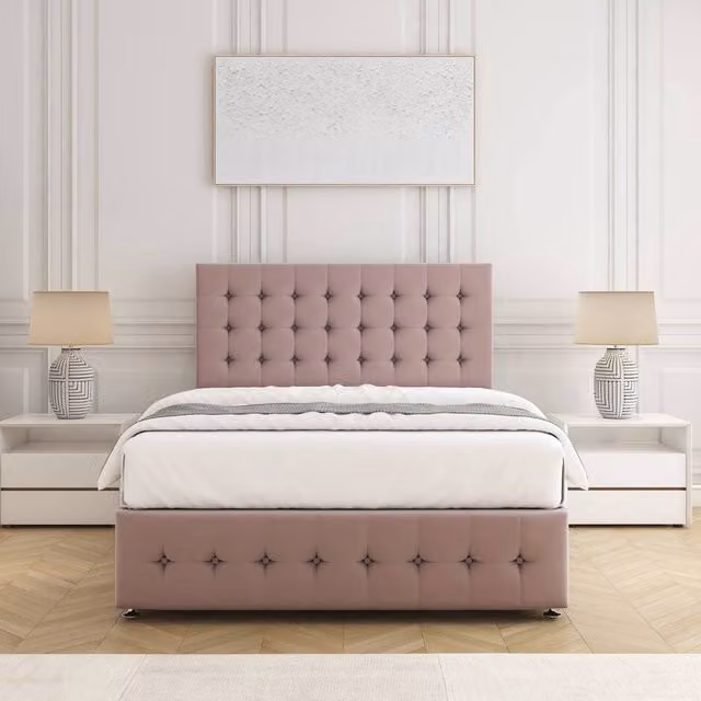 BSSPOKE Eva Single Divan Bed Set with 24 inch Plush Velvet Headboard and Mattress in Pink, W/D/H: 90 x 190 cm
