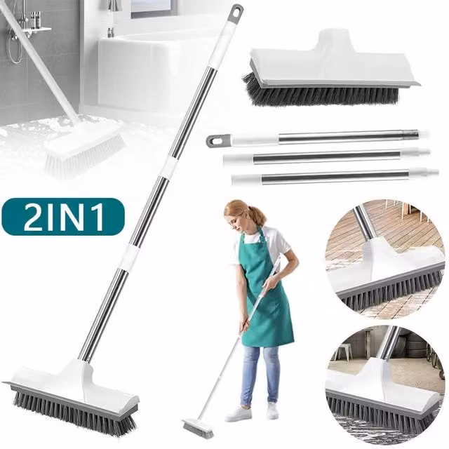 Kelvenix 2 in 1 Floor Scrubbing Brush with Telescopic Handle and Scraper, White