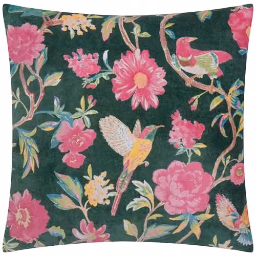 Riva Home Wylder Aviary Floral Cotton Velvet Decorative Cushion, Petrol Green, W/D/H: 50 x 50 x 50 cm