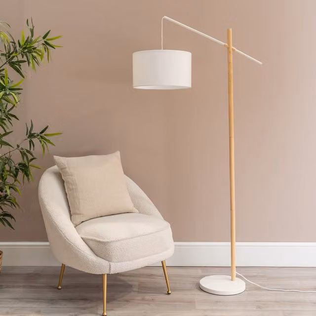 Adrianna White Wooden Hanging Floor Lamp with Fabric Drum Shade