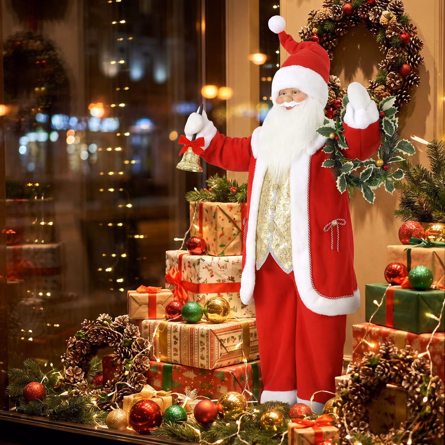 HOMCOM 5ft Life Size Singing Santa Claus Animated Christmas Figure in Red and Gold with Bell and Wreath, Height: 152.4 cm – 9