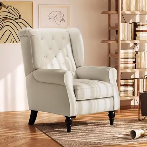 HOMCOM Retro Wingback Accent Armchair in Beige Fabric with Solid Wood Frame, W/D/H: 74 x 102 x 86 cm – 2