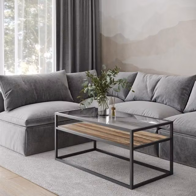 EONLION Industrial Rectangular Coffee Table with Glass Top, Steel Frame and Reversible Brown Wooden Storage Shelf