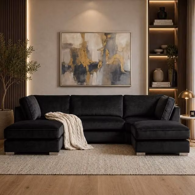 Home & Love Bishop U Shape Cinema Scatter Corner Sofa in Black Plush Fabric with Matching Ottoman and Scatter Cushions
