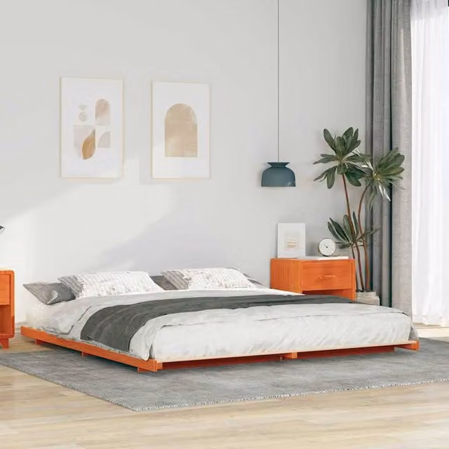 Berkfield Home Modern Wax Brown Solid Pine Wood Bed Frame W/D/H: 200 x 220 cm