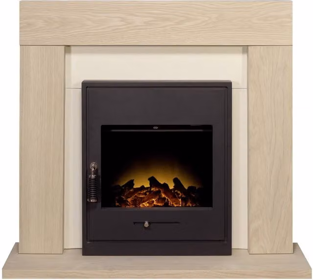 Adam Fires & Fireplaces Malmo Fireplace in Oak and Cream with Oslo Electric Inset Stove in Black – 1