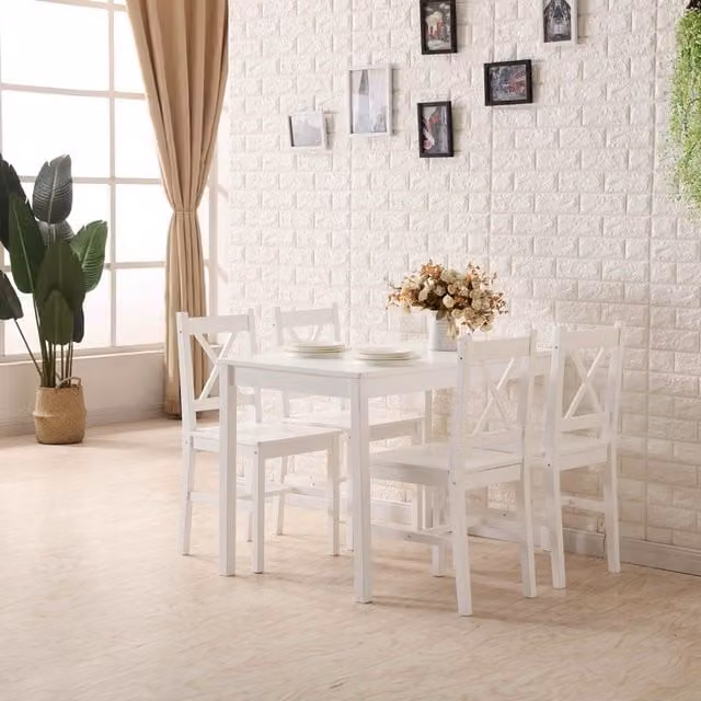 WestWood Modern White Lacquered Pine Dining Table and 4 Chairs Set