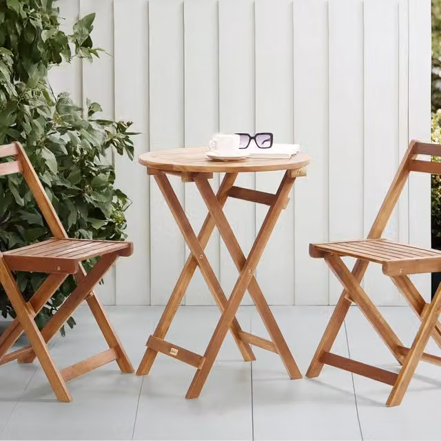 Wyld and Coco 3-Piece Folding Bistro Set in Brown Oiled Solid Acacia Wood – 1