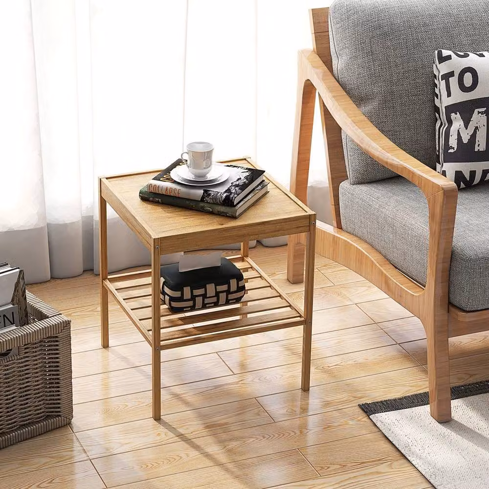 VOGREX Set of 2 Bamboo Side Tables with Large Storage Shelf in Beige – 3