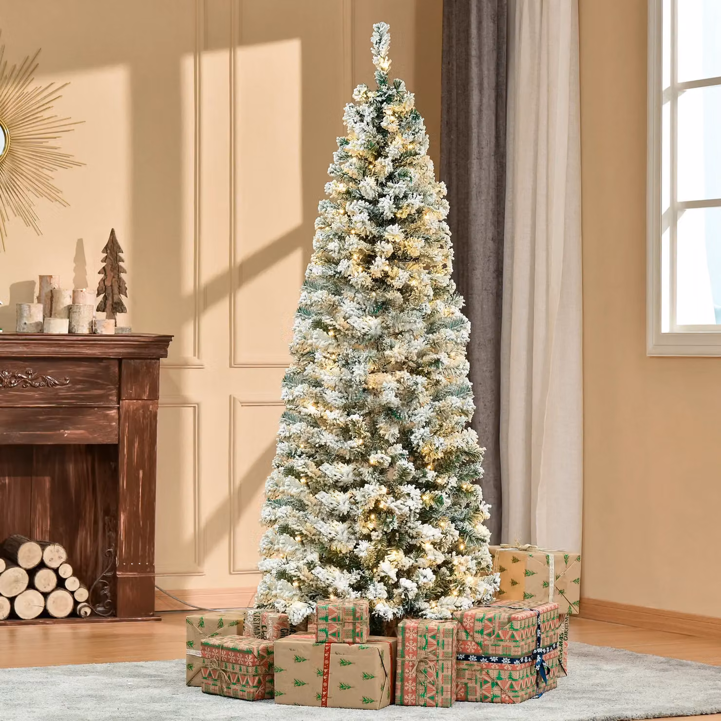 HOMCOM 6ft Snow Flocked Christmas Tree with Warm White LED Lights in Green – 2
