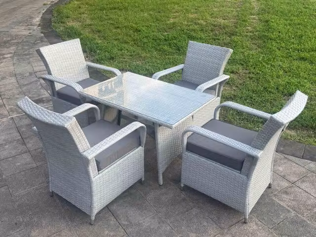 Fimous Modern Polyrattan Outdoor Rectangular Dining Table and 4 Chair Garden Furniture Set in Light Grey with Glass Top