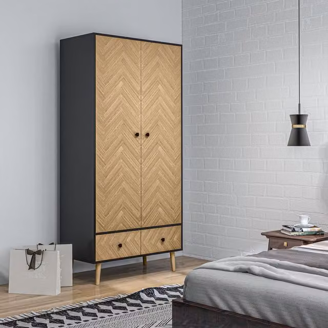 HOMCOM Modern Freestanding Wardrobe Cabinet with Internal Shelves, Hanging Rod and 2 Drawers in Grey and Brown – 2