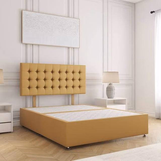 BSSPOKE Isla Divan Bed with 24 inch Plush Velvet Headboard in Mustard, King Size