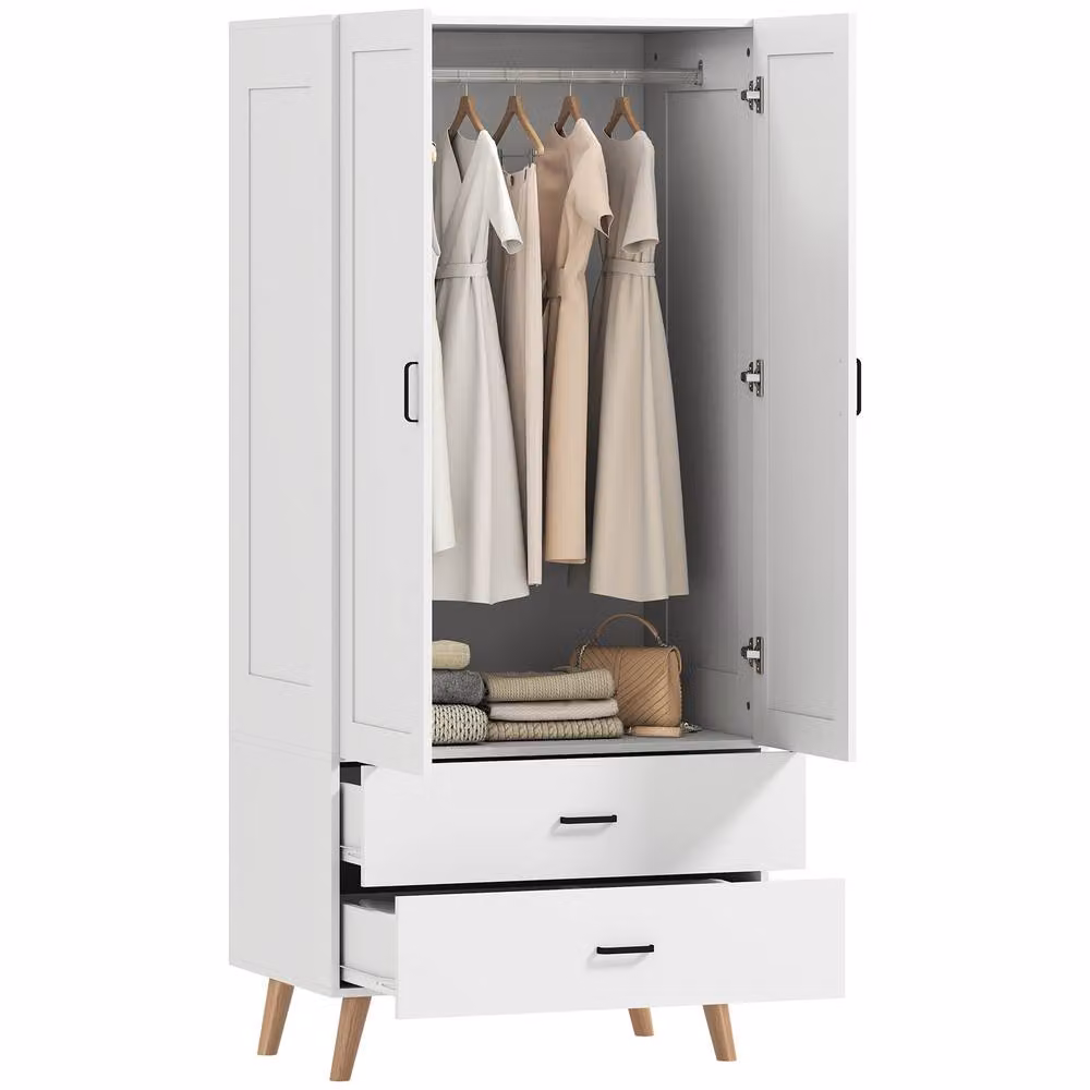HOMCOM Modern 2-Door White Wardrobe with Internal Drawers and Hanging Rail, W/D/H: 80 x 52 x 180 cm – 2