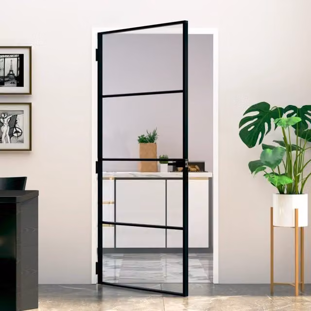 Berkfield Modern Interior Door in Black with Tempered Glass and Aluminium, W: 93 cm, H: 201.5 cm – 1