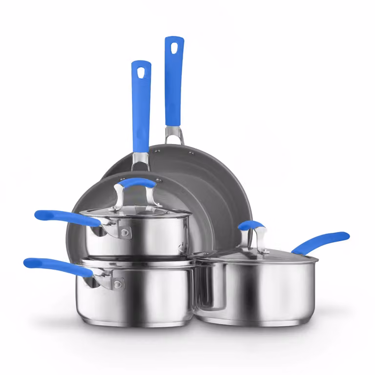 Sur La Table 5 Piece Blue Stainless Steel Cookware Set with Ceramic Coating, including Saucepans (16, 18, 20 cm) and Frying Pans (24, 28 cm)