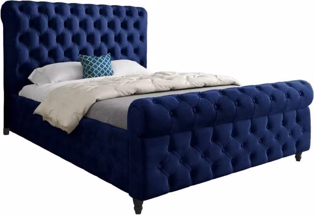 KDMD Nestling Sleigh Upholstered Soft Velvet Designer Bed Frame in Blue, Small Single