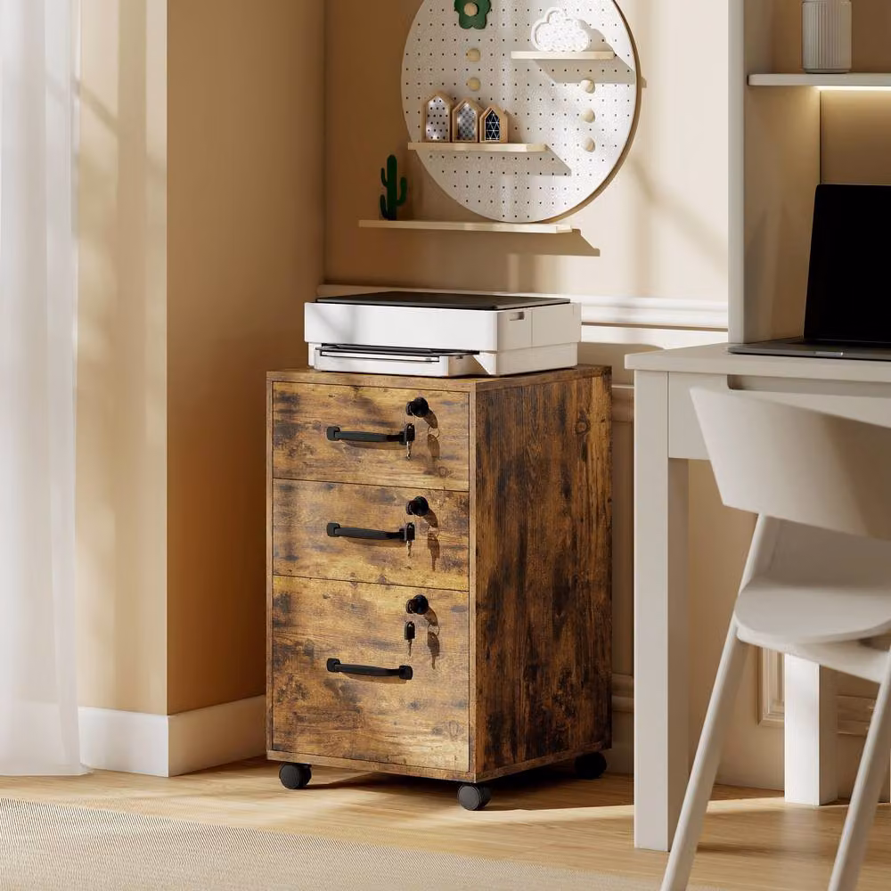 STILVORA Three-Drawer Filing Cabinet with Locks and Castors, Brown, W: 40 cm, D: 40 cm, H: 69.5 cm – 2