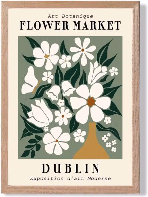 ARTZE Dublin Green and White Flower Market Exhibition Framed Print with Beige Oak Frame