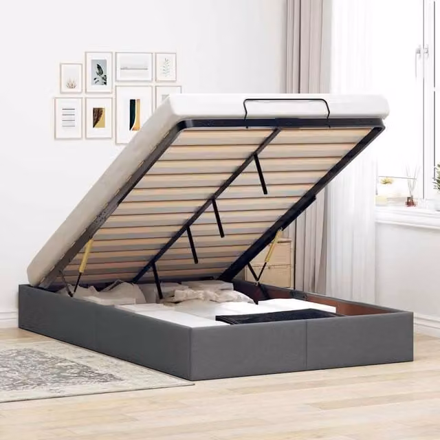 Berkfield Home Double Ottoman Bed Frame in Dark Grey Fabric with Lift Up Base