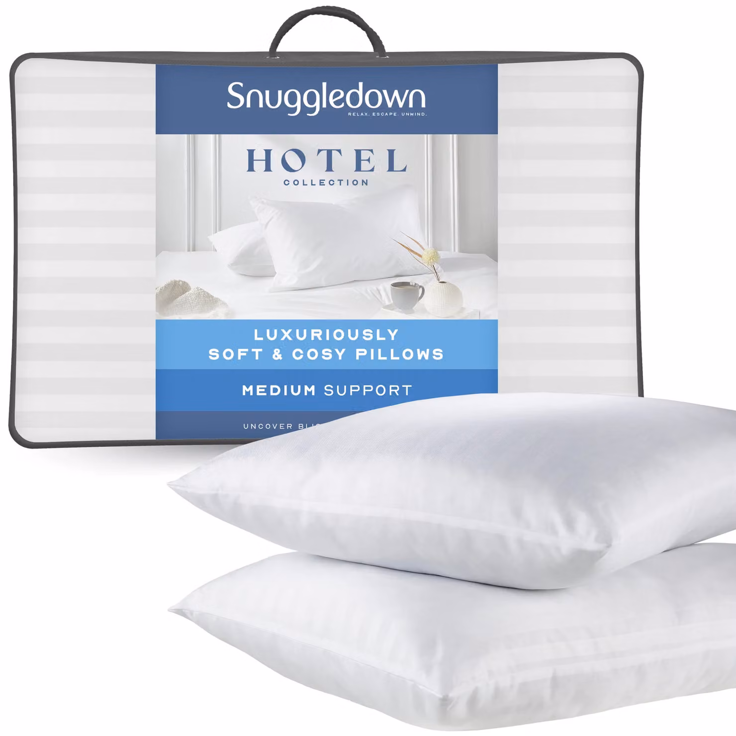 Snuggledown 2 Pack Hotel Medium Support Back Sleeper Pillows in White with Hollow Fibre Filling – 5