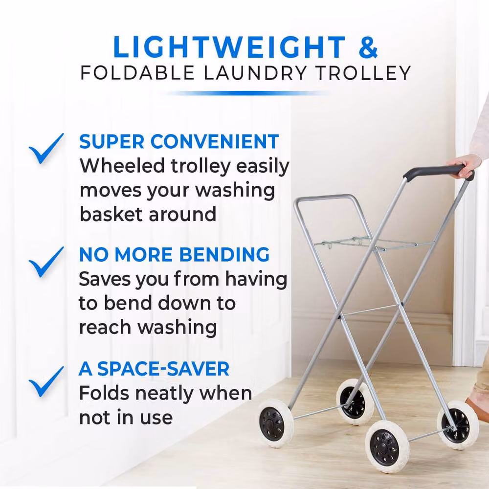 Clarsen Collapsible Steel Laundry Trolley with Handles and Wheels in Silver and White, H: 104.0 cm, W: 62.0 cm, D: 42.5 cm – 2