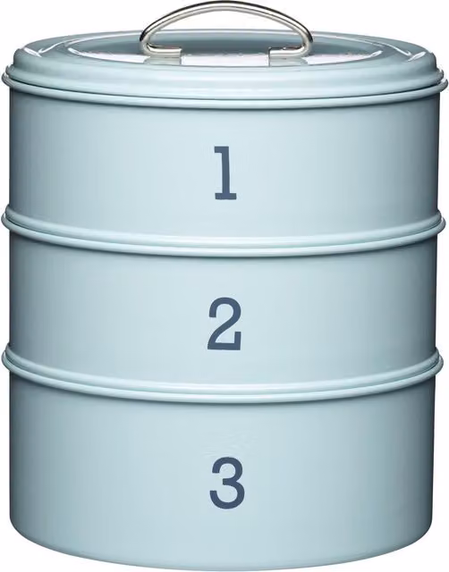 Living Nostalgia 4-Piece Vintage Blue Stainless Steel Kitchen Storage Set with Airtight Tea, Coffee and Sugar Canisters and Three-Tier Cake Tin