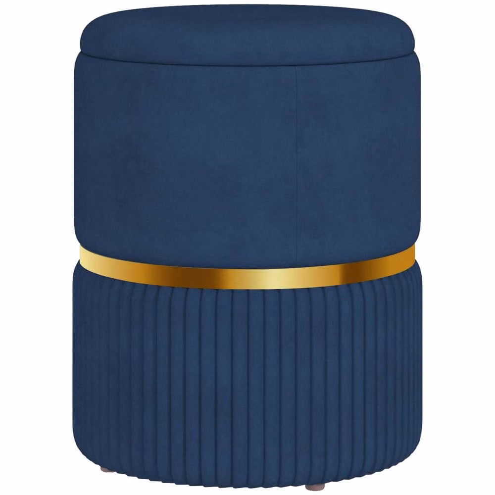 Wyld Haus Pazima Cylindrical Velvet Storage Ottoman in Dark Blue with Gold Accents – 2