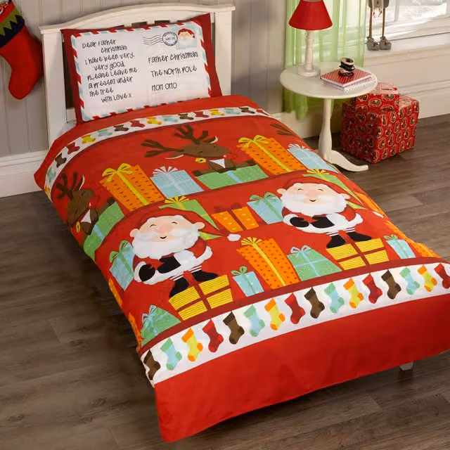Rapport Home Santas List Christmas Polycotton Duvet Set and Pillowcase, Multicolour, Single, 90 x 190 cm